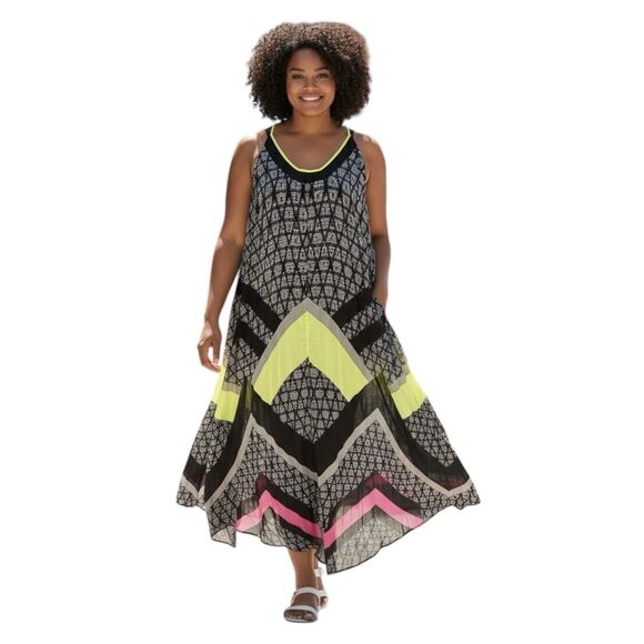 Lane Bryant Flowy Maxi Dress Plus Size Black Yellow Lined Semi Sheer - Picture 1 of 10